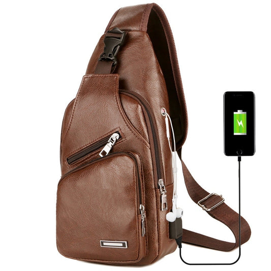USB Rechargeable Fashion PU Chest Bag for Outdoor Sports and Leisure