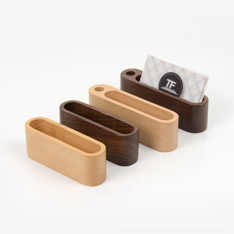 Wooden Business Card Holder with Pen Slot - Stylish Desk Organizer for Office Tabletop