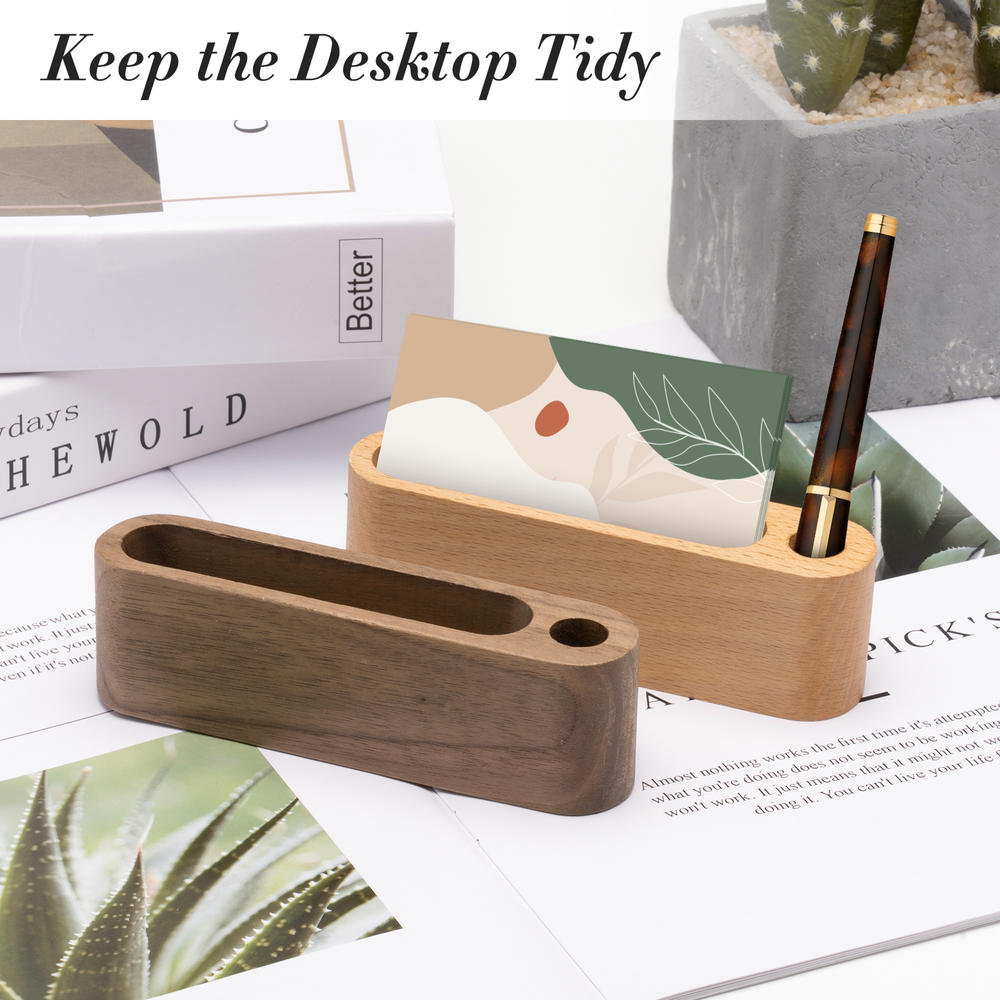 Wooden Business Card Holder with Pen Slot - Stylish Desk Organizer for Office Tabletop