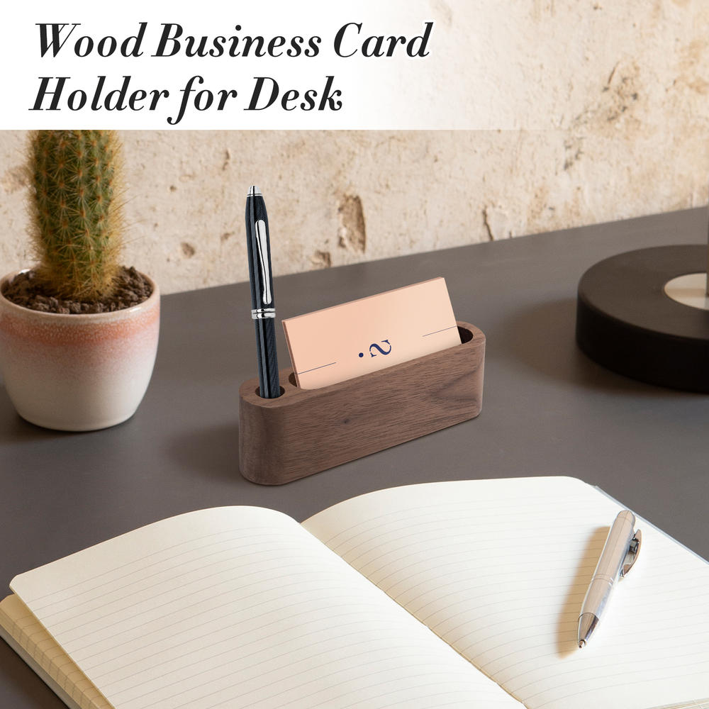 Wooden Business Card Holder with Pen Slot - Stylish Desk Organizer for Office Tabletop