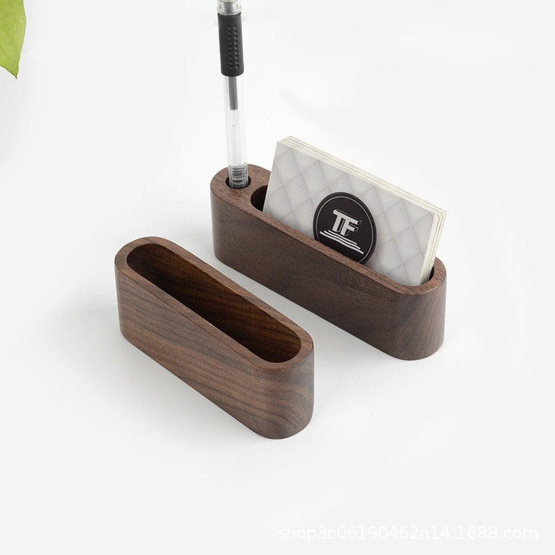 Wooden Business Card Holder with Pen Slot - Stylish Desk Organizer for Office Tabletop