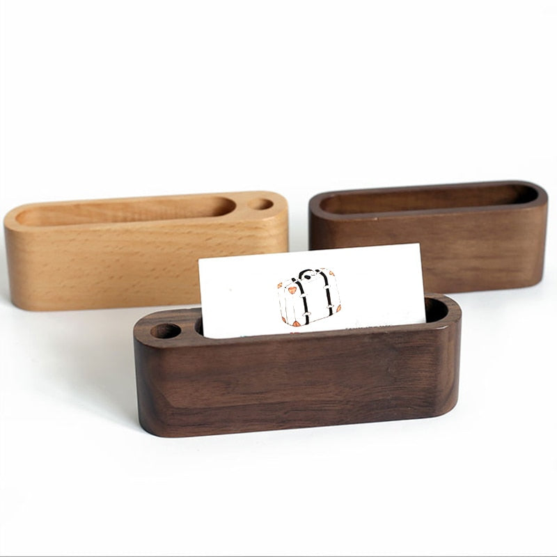 Wooden Business Card Holder with Pen Slot - Stylish Desk Organizer for Office Tabletop