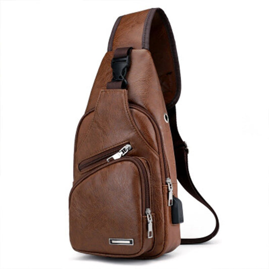 USB Rechargeable Fashion PU Chest Bag for Outdoor Sports and Leisure